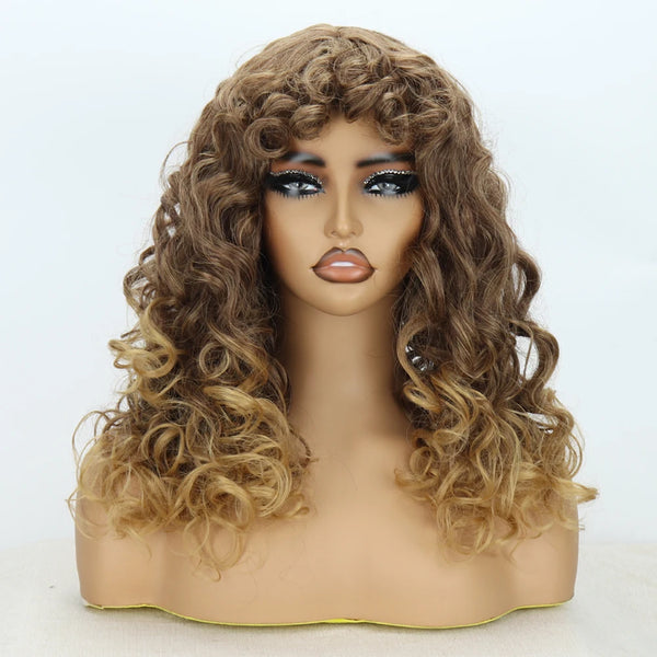 Stylonic Fashion Boutique Synthetic Wig Short Curly Gold  Gradient Synthetic Afro Wig With Curly  Bangs Natural Wig Heat Resistant Fiber Cosplay Woman Curly Brown Wig - Stylonic Premium Wigs